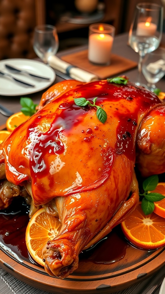 Roasted Duck with Orange Glaze Recipe A roasted duck with orange glaze on a wooden platter, garnished with herbs and orange slices.